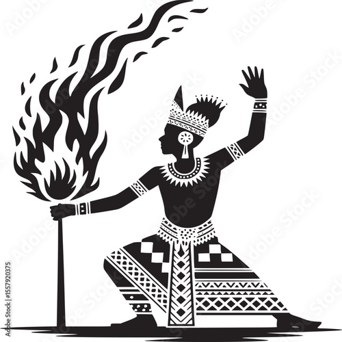 Silhouette of a person in a headdress holding a flaming torch in a stylized black and white image