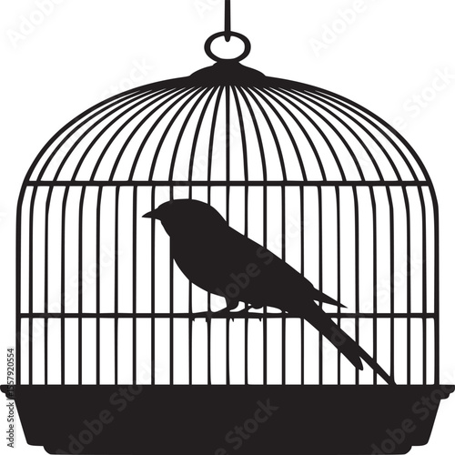 Silhouette of a bird inside a birdcage hanging from above with a white background in a simple design