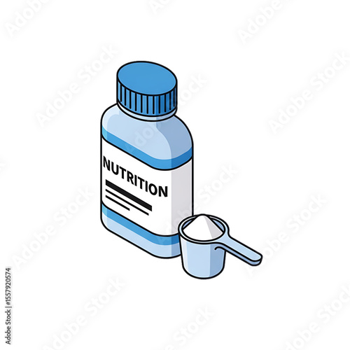 Bottle of nutritional supplement with scoop.
