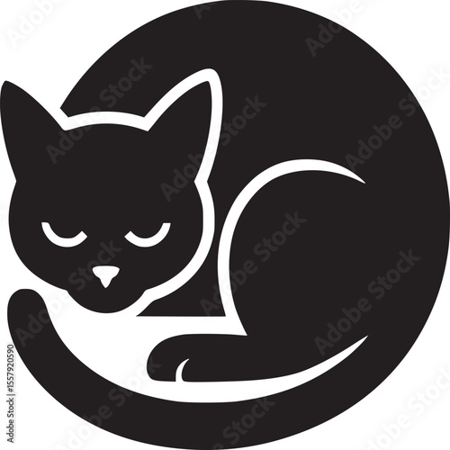 Illustration of a black cat curled up in a circle shape with its eyes closed and tail wrapped around