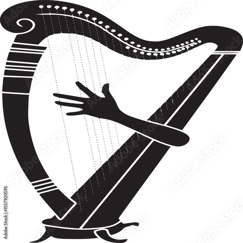 A black and white graphic of a harp with a hand reaching through the strings on a white background