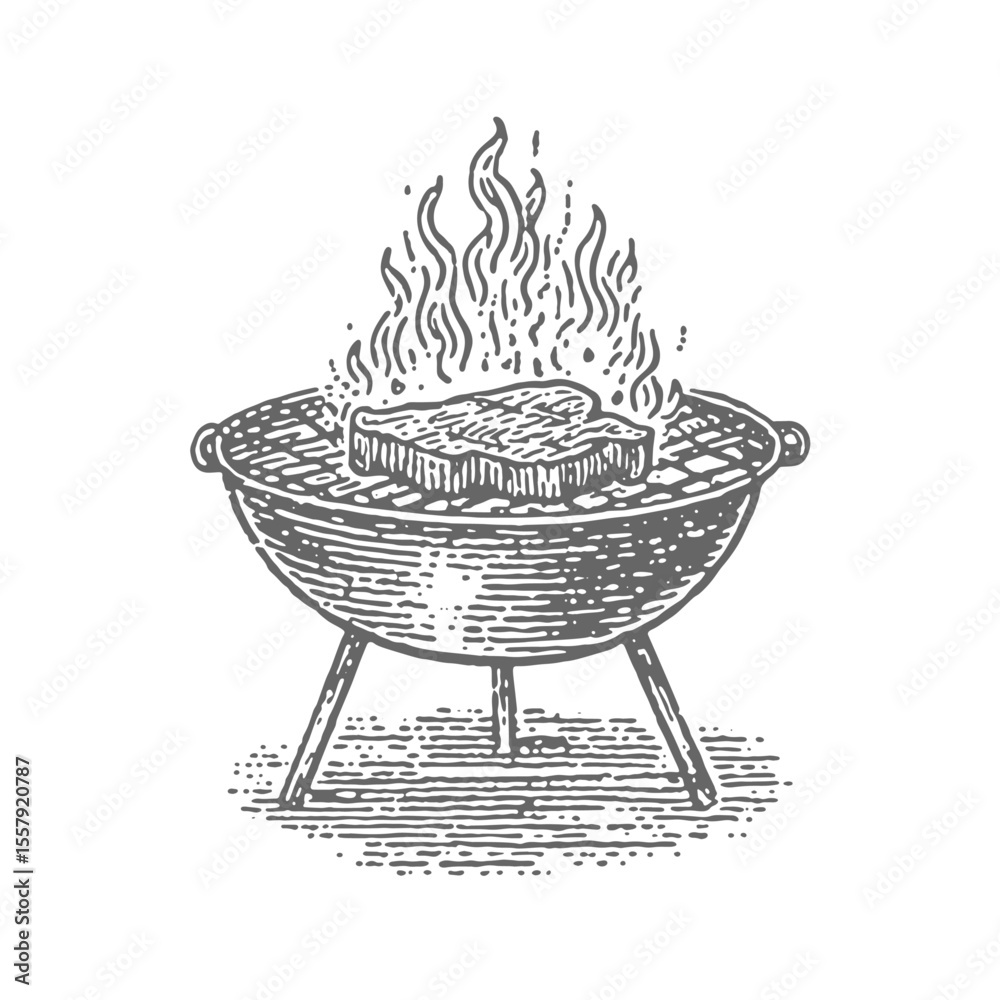 Obraz premium Hand Drawn Steak on a Grill. Vintage rough woodcut engraving linocut style vector illustration