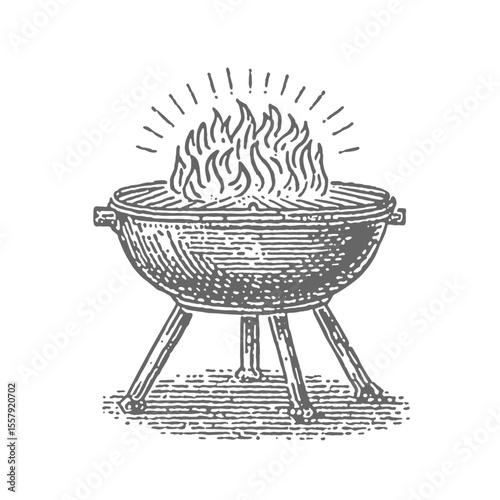 Hand Drawn Flaming Grill. Vintage rough woodcut engraving linocut style vector illustration