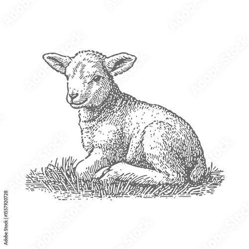 Hand Drawn Lamb sitting on a Grass. Vintage rough woodcut engraving linocut style vector illustration