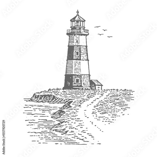 Hand Drawn Lighthouse. Vintage rough woodcut engraving linocut style vector illustration.