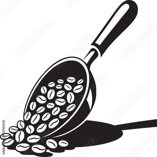 A black and white graphic illustration of a scoop filled with coffee beans spilling out onto surface