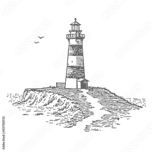 Hand Drawn Lighthouse. Vintage rough woodcut engraving linocut style vector illustration.