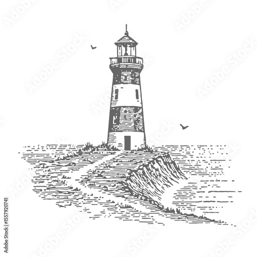 Hand Drawn Lighthouse. Vintage rough woodcut engraving linocut style vector illustration.