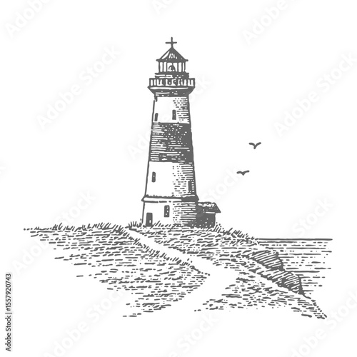 Hand Drawn Lighthouse. Vintage rough woodcut engraving linocut style vector illustration.