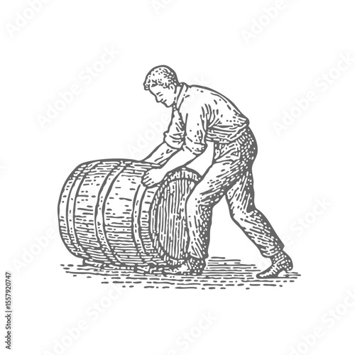Hand Drawn Man Rolloing a Wooden Barrel. Vintage rough woodcut engraving linocut style vector illustration.