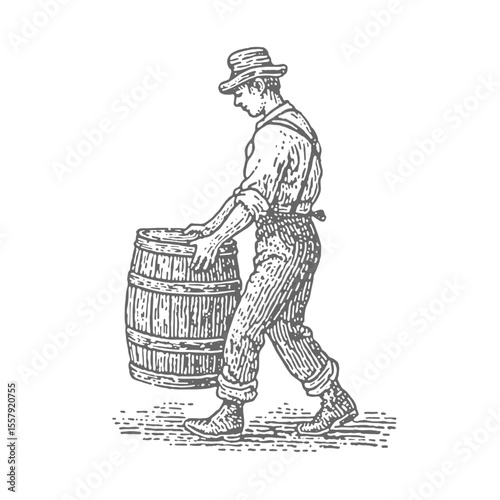 Hand Drawn Man Lifting a Heavy Barrel. Vintage rough woodcut engraving linocut style vector illustration.