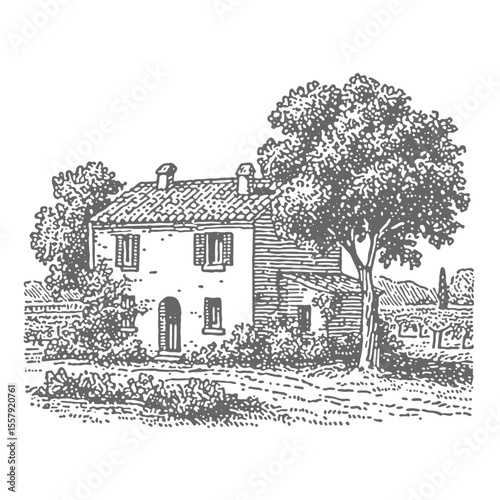 Hand Drawn Old Villa. Vintage rough woodcut engraving linocut style vector illustration.