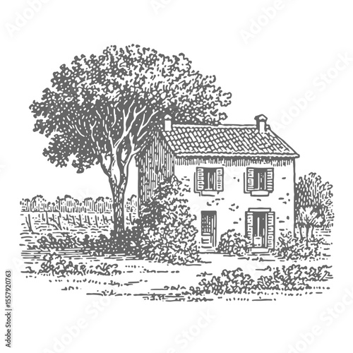 Hand Drawn Old Villa. Vintage rough woodcut engraving linocut style vector illustration.