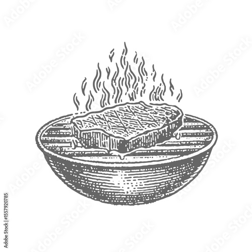 Hand Drawn Steak on a Grill. Vintage rough woodcut engraving linocut style vector illustration