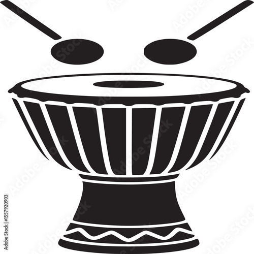 Isolated black and white djembe drum with drumsticks ready to play on a white background image