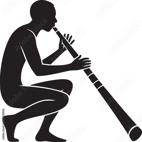 Silhouette of a person squatting and playing a didgeridoo on a white isolated background art