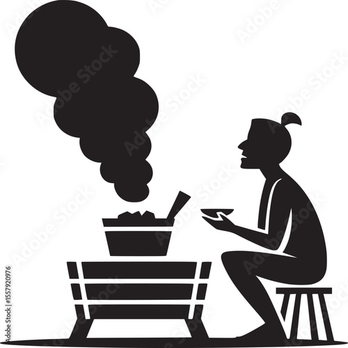 Silhouette of person sitting by steaming sauna bucket on stool in black and white graphic design