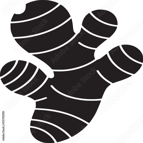 A black and white illustration of a ginger root with white curved lines on a white background