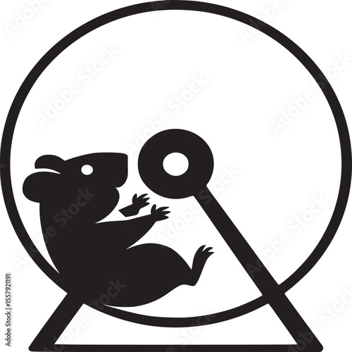 A black silhouette of a hamster inside a hamster wheel with a white background illustration art