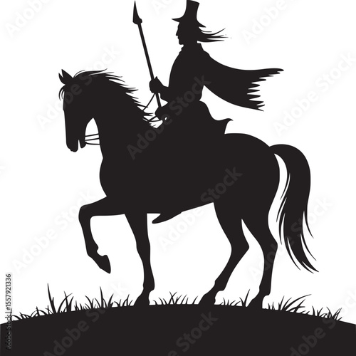 Silhouette of a horseman with a spear and a tall hat riding a horse on a grassy hill against white