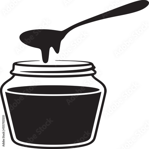 A black and white illustration of a spoon dripping liquid into a jar with a thick black substance