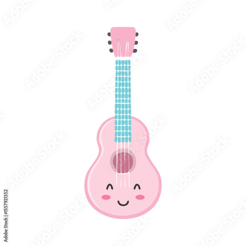 A cheerful ukulele, in soft pink and blue colors. This cute ukulele design has a friendly face and a smiling expression