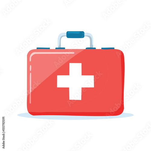 A first aid kit, ready for emergencies, medical supplies, and healthcare solutions. It features a prominent white cross, symbolizing help and safety