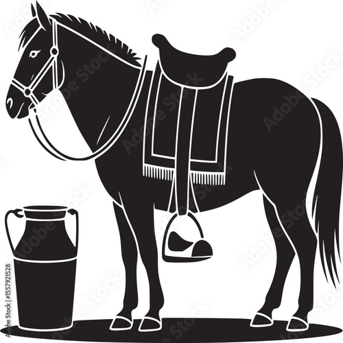 A black and white illustration of a horse with a saddle and a milk jug next to it standing