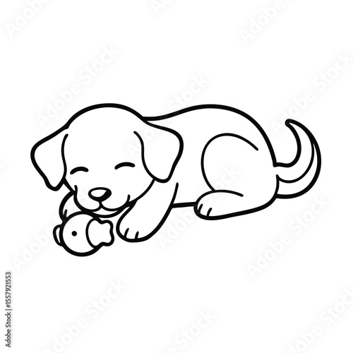 Cute puppy resting upside down with plush toy nearby Vector illustration