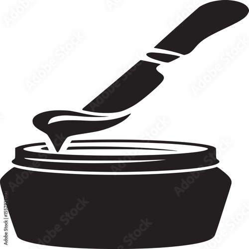 Illustration of a black jar with a spatula dripping black substance into the jar on a white background