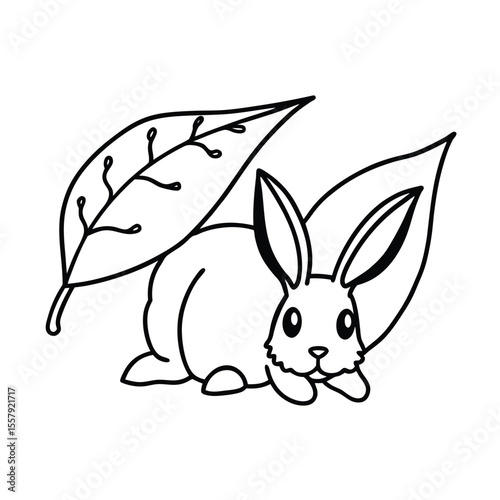 Rabbit hiding beneath large leaf after soft rainfall Vector illustration