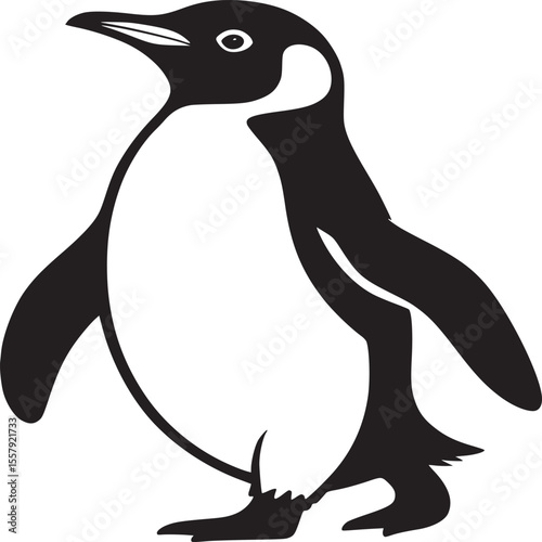 A simple black and white illustration of a penguin standing on a white background looking to the left