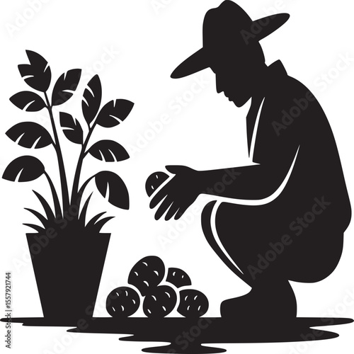 Silhouette of a farmer harvesting potatoes next to a potted plant in a minimalist black and white design