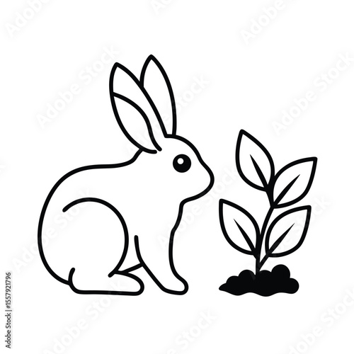 Cute rabbit eating leaves next to backyard garden Vector illustration
