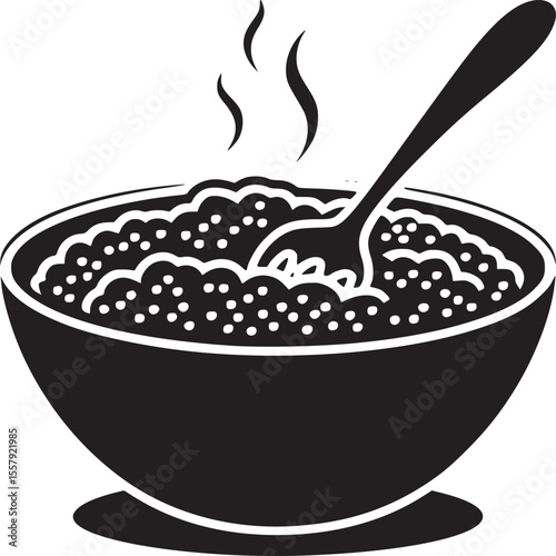 Black and white graphic illustration of a bowl of food with a spoon and rising steam above it