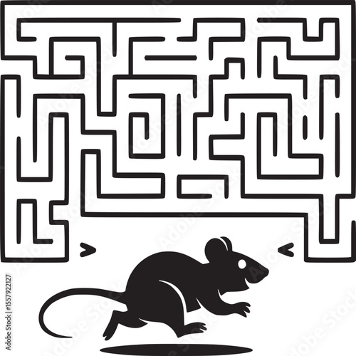 Silhouette of a mouse running out of a maze in black and white design illustration art work