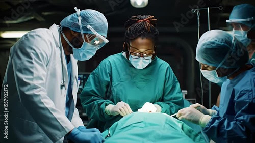 Surgical team performs an operation, wearing masks and scrubs, in a dim room