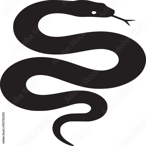 A black snake coiled with its tongue out on a white background in a simple illustration style