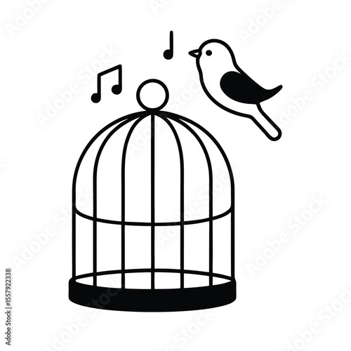 Canary singing joyfully from open cage with musical notes Vector illustration