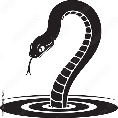 A black snake emerging from water with its tongue out and a white background in a vector format