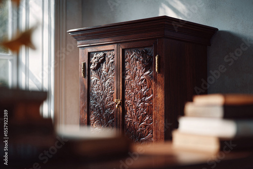 Antique carved wooden cabinet. Fine craftsmanship displayed in intricate detail. Evokes nostalgia, tradition. Ideal for home decor, history, or design.