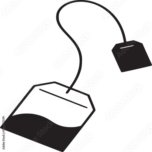A minimalist illustration of a tea bag with a string and a tag on a white background in black and white