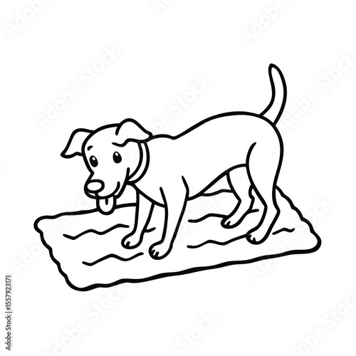 Dog playing with chew bone beside rug in neat room Vector illustration