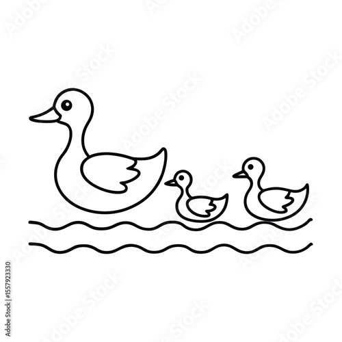 Line art of ducks swimming calmly in a row on pond Vector illustration
