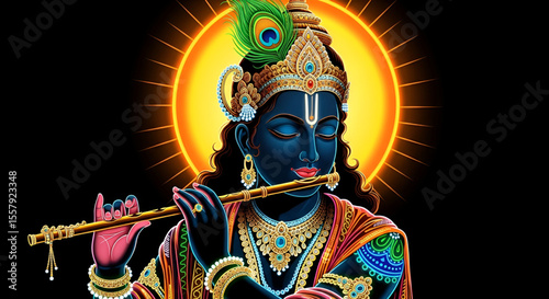 Krishna Playing Flute with Radiant Aura, Divine Gopal Kanha Artwork for Janmashtami, Rasa Purnima, Radhashtami, Govardhan Puja, Holi, Gopashtami