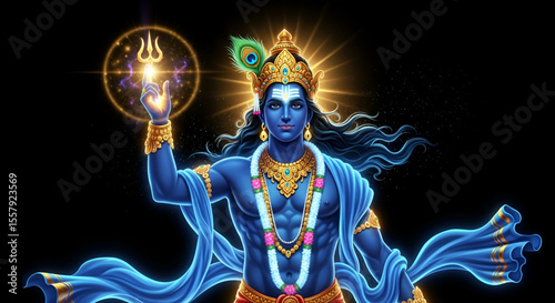 Glorious Lord Krishna with Trishul and Peacock Feather, Divine Gopal, Kanha, Dwarkadhish Art for Janmashtami, Gopashtami, Rasa Purnima, Holi And Festivals