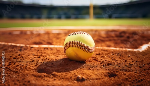 close up of optic yellow softball on red dirt infield with pitcher s mound pitching circle