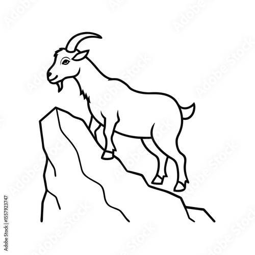 Mountain goat walking upward on rocky slope drawing Vector illustration