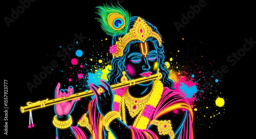 Color Splash Neon Art of Lord Krishna Playing Flute, Kanha, Gopal, Shyam for Holi, Janmashtami, Gopashtami, Radhashtami, Govardhan Puja, Rasa Purnima