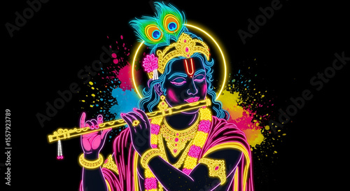 Color Splash Neon Art of Lord Krishna Playing Flute, Kanha, Gopal, Shyam for Holi, Janmashtami, Gopashtami, Radhashtami, Govardhan Puja, Rasa Purnima
